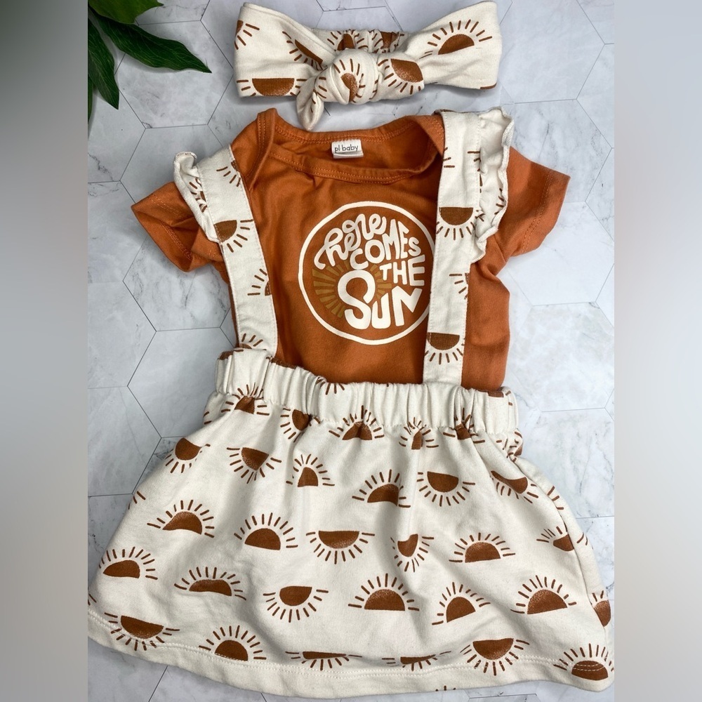 Pl. Baby 3 three-piece outfit set 9M Orange Rust Cream Adjustable Overalls Skirt